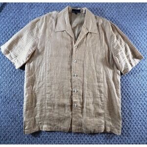 Stacy Adams Men's Large 100% Linen Tan Beige Sheer Stripe Camp Button Up Shirt